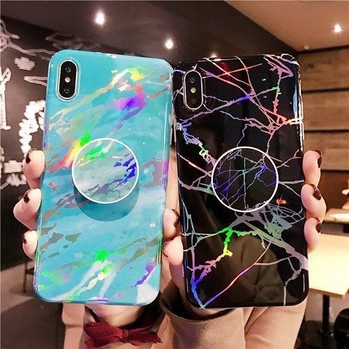 Marble Holographic Holo Phone Case With Pop Up Holder for iPhone