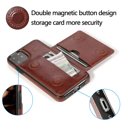 iPhone Wallet Case with Card Holder Double Magnetic Buttons