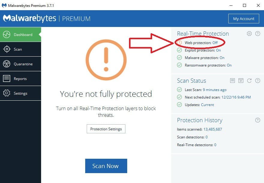 Malwarebytes web protection premuim won't open or turn on