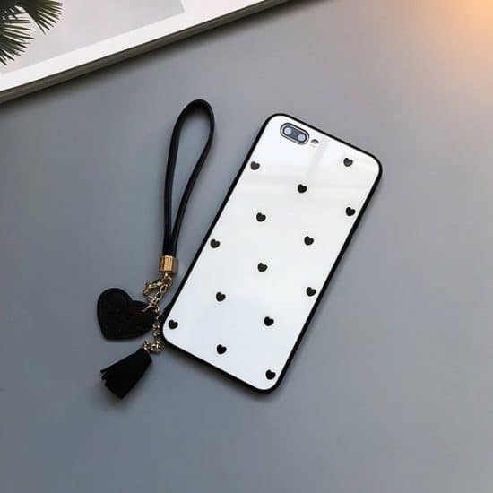 White Love Heart Tempered Glass Phone Case With Tassel Lanyard
