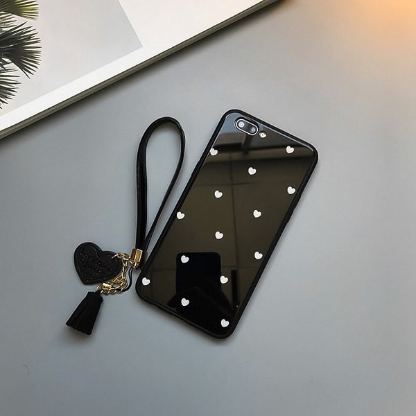 Black Love Heart Tempered Glass Phone Case With Tassel Lanyard