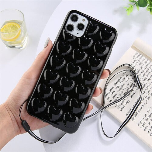Black 3D Love Heart Phone Case With Lanyard Strap for iPhone