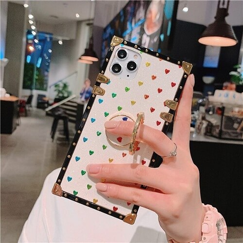 White Square Glitter Colorful Hearts iPhone Case With Ring