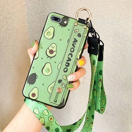 Avocado phone case with wrist strap, lanyard, and neck strap