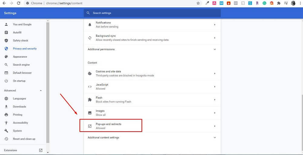 click Pop-ups and redirects on google chrome to remove ads on phone
