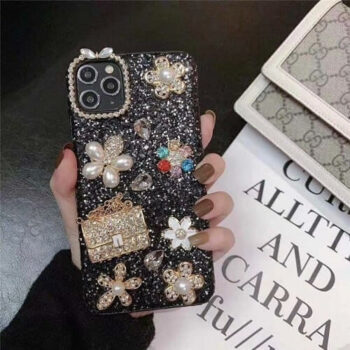 Black Fancy Flower Bling iPhone Case