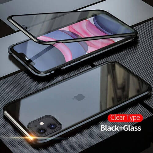 Black iPhone magnetic adsorption transparent tempered glass cover phone case
