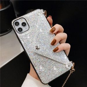 Silver Diamond Wallet iPhone Case With Chain Strap