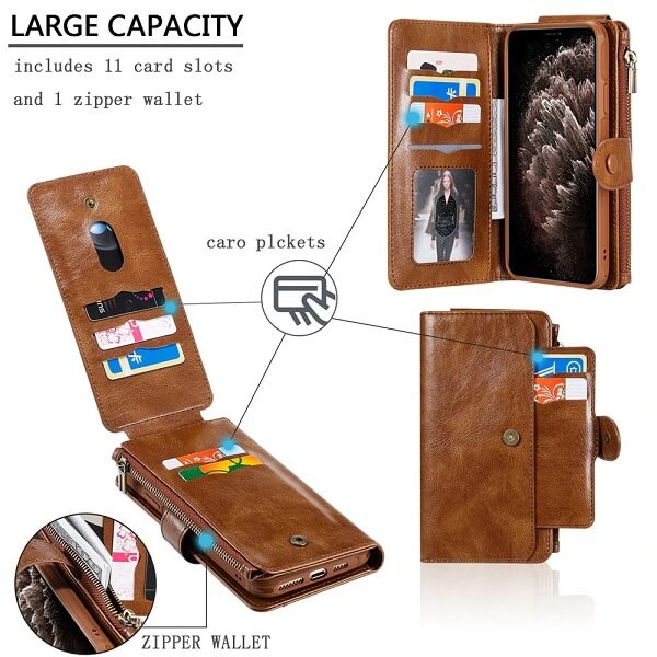 Large capacity: 11 card slots and zipper wallet