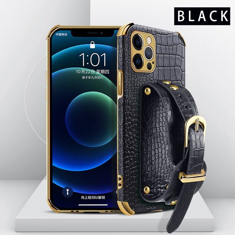 Black Leather Phone Case with Hand Strap Holder