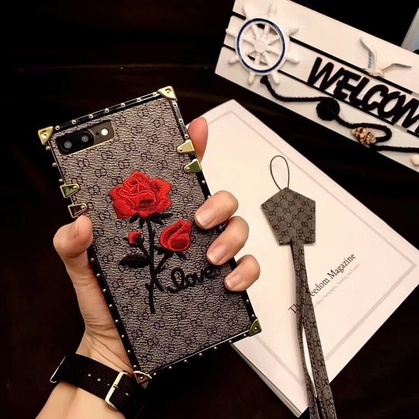 Gray Square 3D Rose Flower Phone Case With Lanyard