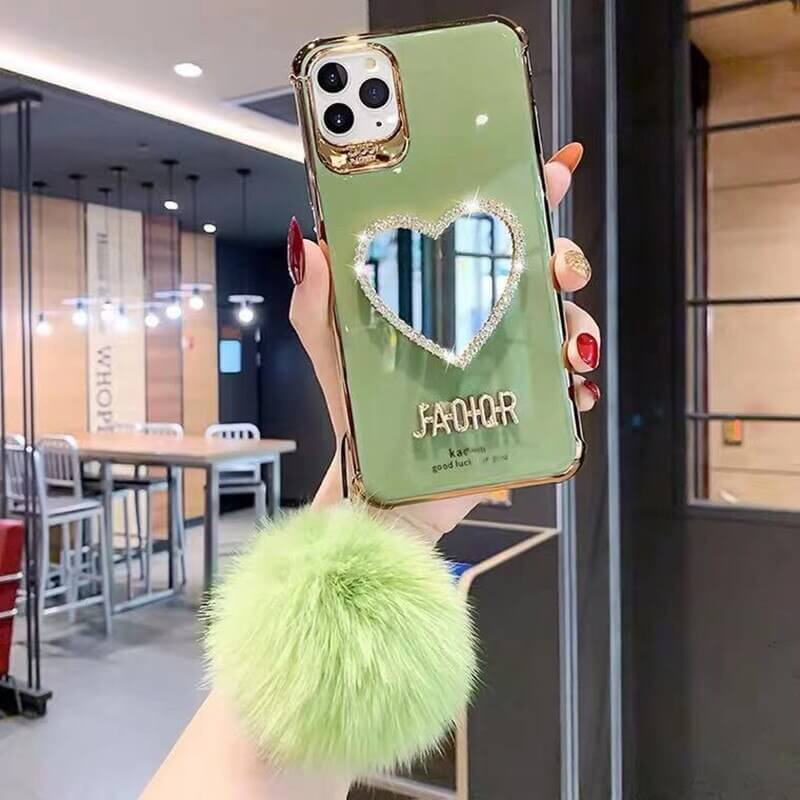 Green Heart Mirror case with Push Hairball