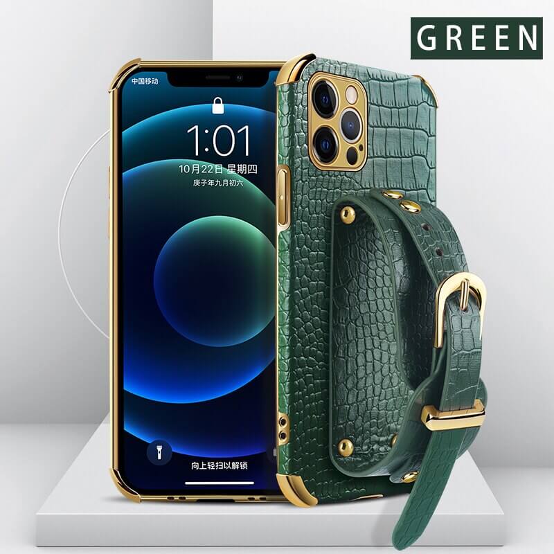 Green Leather iPhone Case with Hand Strap Holder