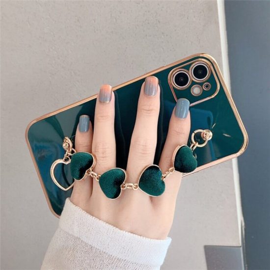 Green Love Heart iPhone Case With Hand Bracelet Holder