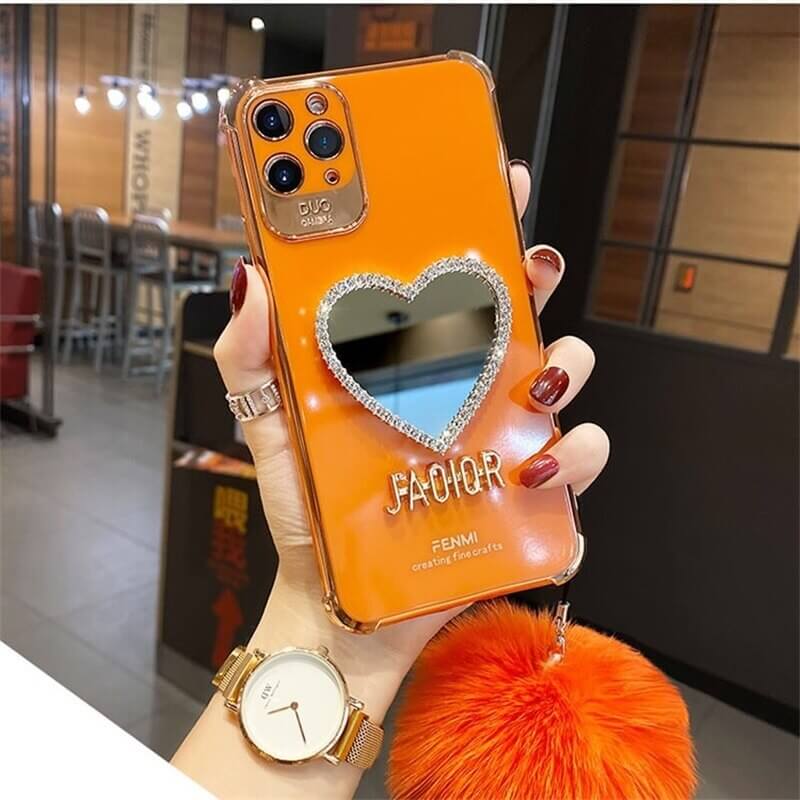Orange Heart shaped Mirror case with Plush Hairball