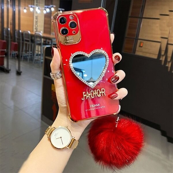 Red Heart shaped Mirror case with Hairball