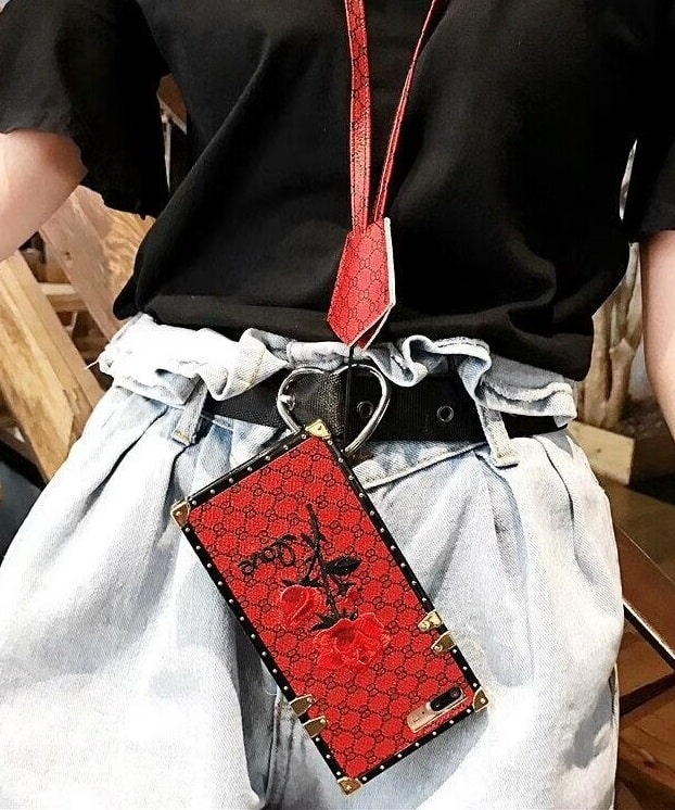 Square 3D Rose Flower Phone Case With Lanyard