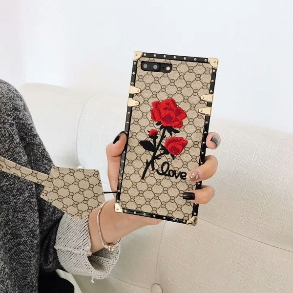 Square 3D Rose Flower iPhone Case With Lanyard