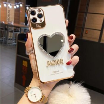 White Heart shaped Mirror case with Plush Hairball