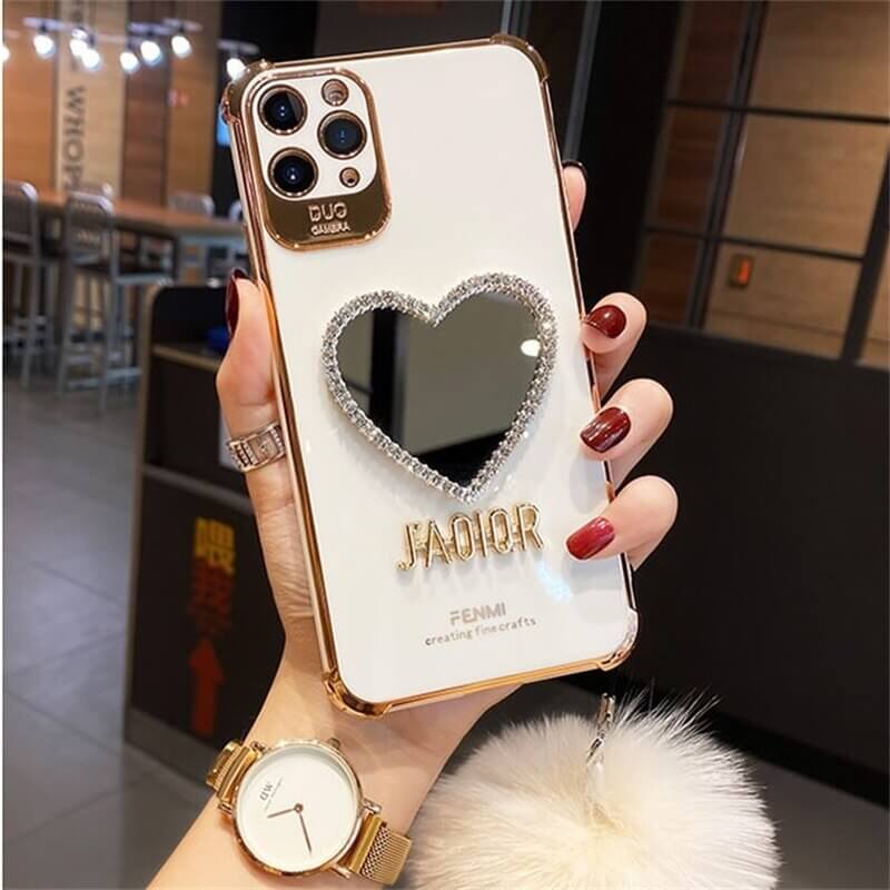 White Heart shaped Mirror case with Plush Hairball