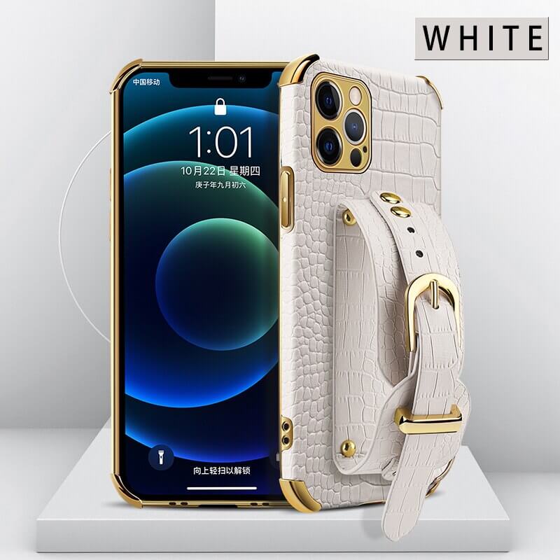 White Leather iPhone Case with Hand Strap Holder