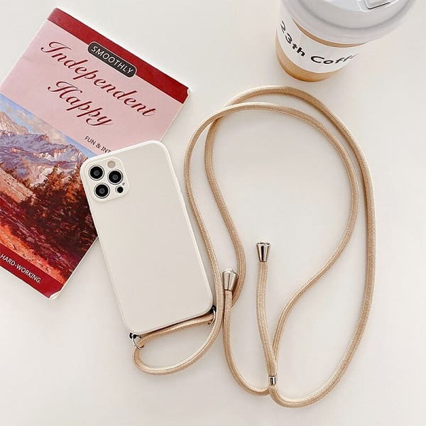 Beige silicone iphone 13 Pro case with lanyard
