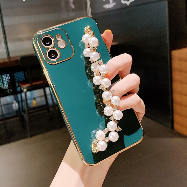 Dark Green Bracelet iPhone Case With Pearl Strap