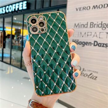 Dark Green Jeweled Diamond Phone Case with camera lens protection