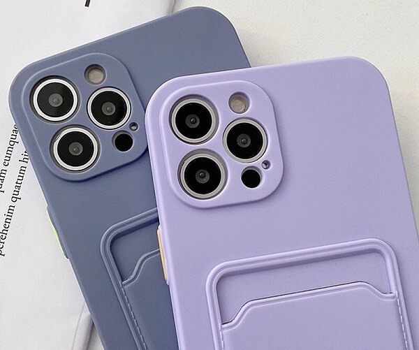 candy color phone case with pouch on back and camera lens protection