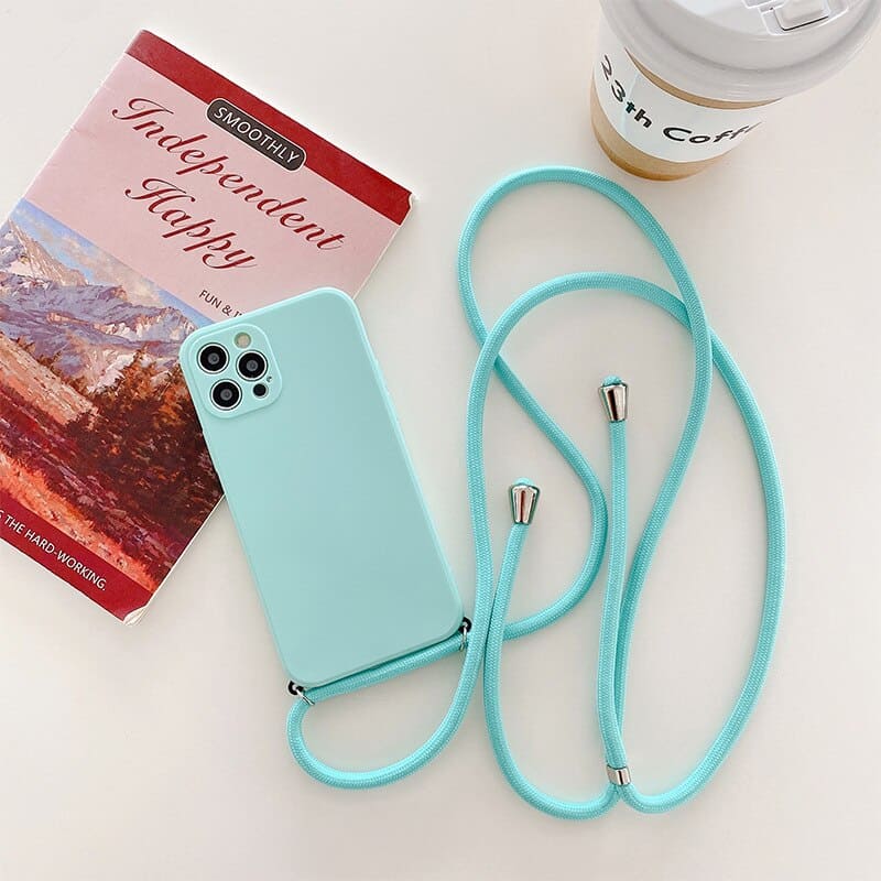 silicone necklace phone case with a neck cord for iPhone 13 Pro - Light cyan