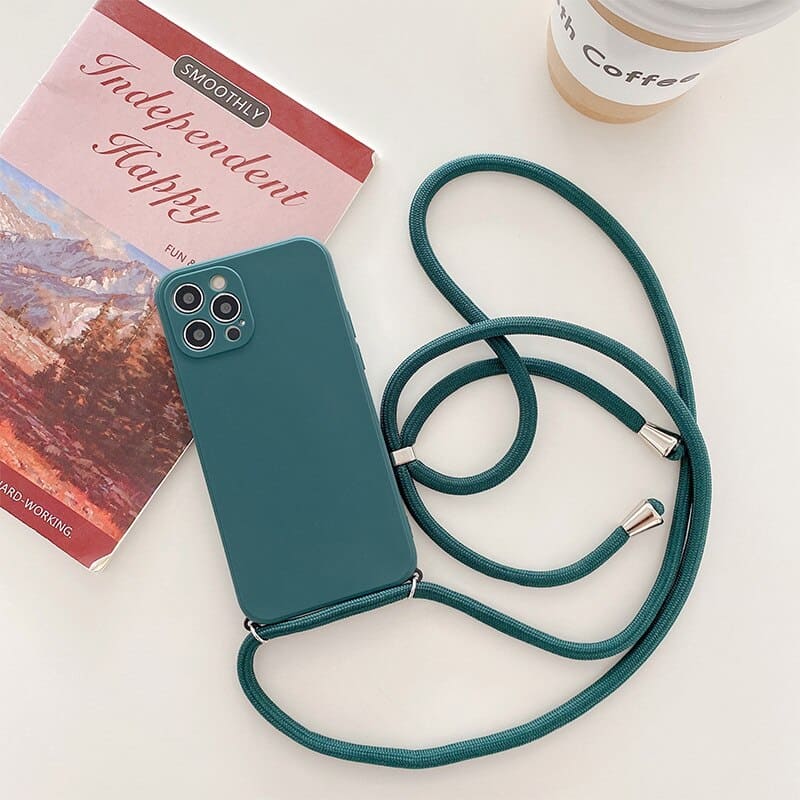 silicone necklace phone case with a neck cord for iPhone 13 pro max - dark green