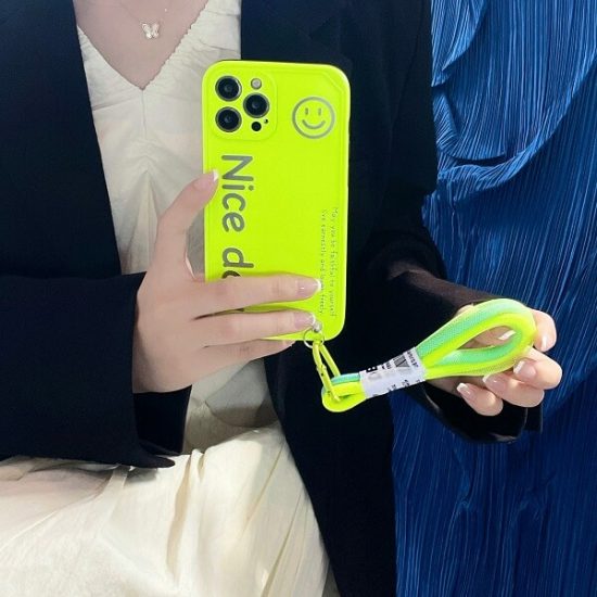 Smiley Green Fluorescence Phone Case With Strap