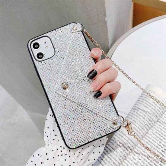 Glitter Envelope Wallet iPhone Case With Gold Lanyard