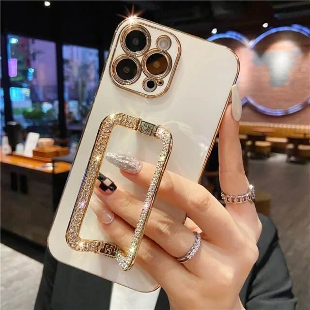 Gold Plated Jeweled Phone Case With Diamond Square Holder