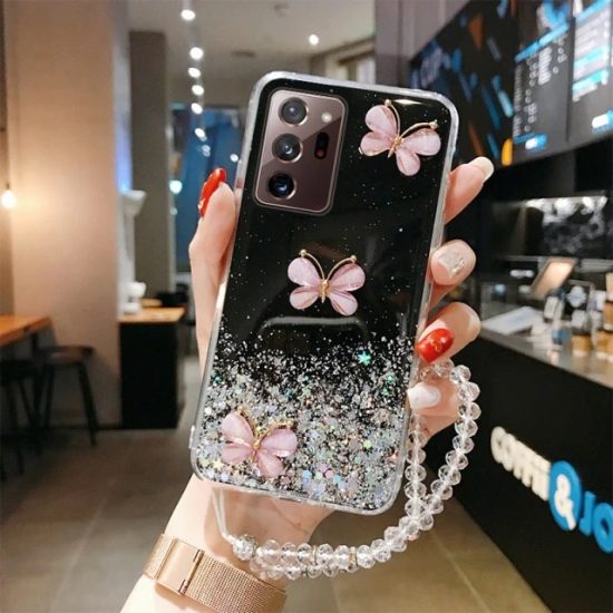 Black Butterfly Glitter Samsung Case With Diamond Strap