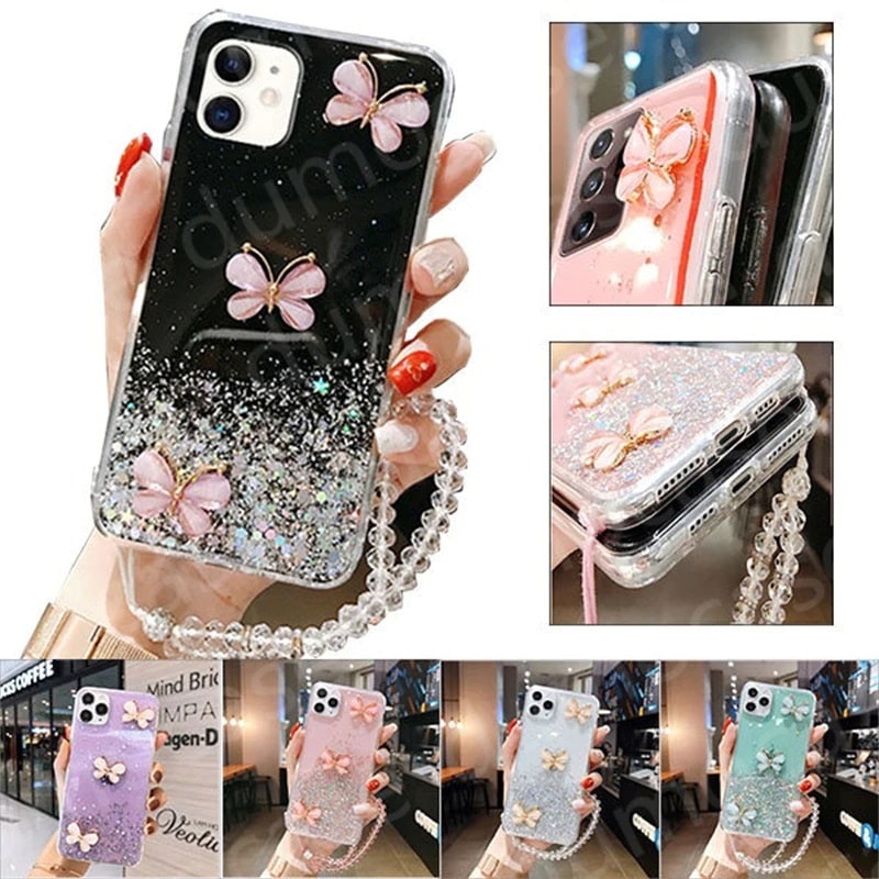 Butterfly Glitter Samsung Case With Diamond Strap