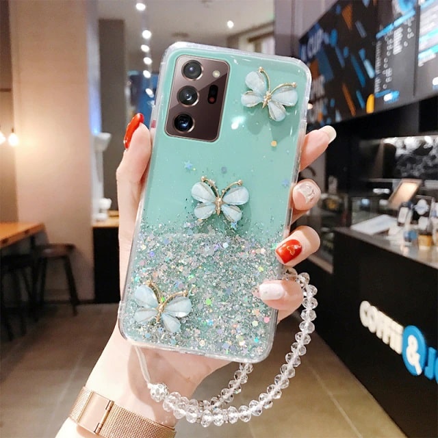 Green Butterfly Glitter Samsung Case With Crystal Strap