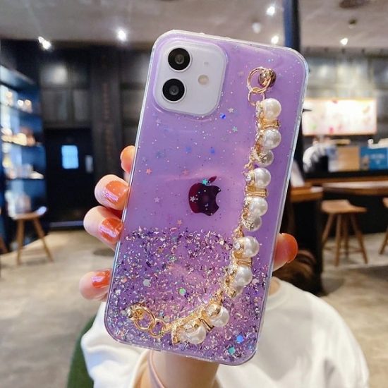 Purple glitter iPhone case with pearl bracelet