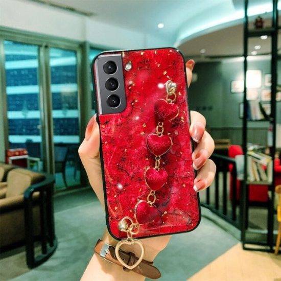 Red Marble Phone Case With Chain Strap for Samsung S22-S21-S20-S22 Plus-S21 Ultra