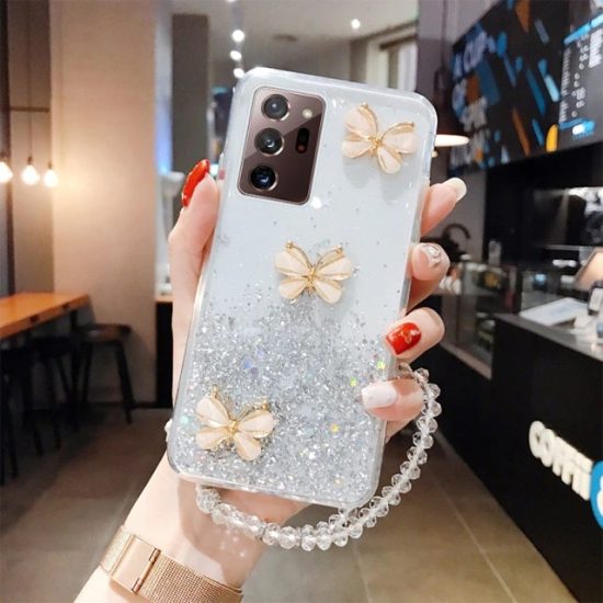 White Butterfly Glitter Samsung Case With Diamond Strap