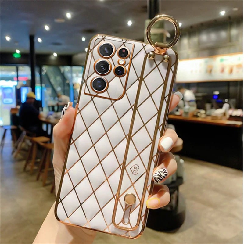 White Electroplated phone Case With Hand Strap