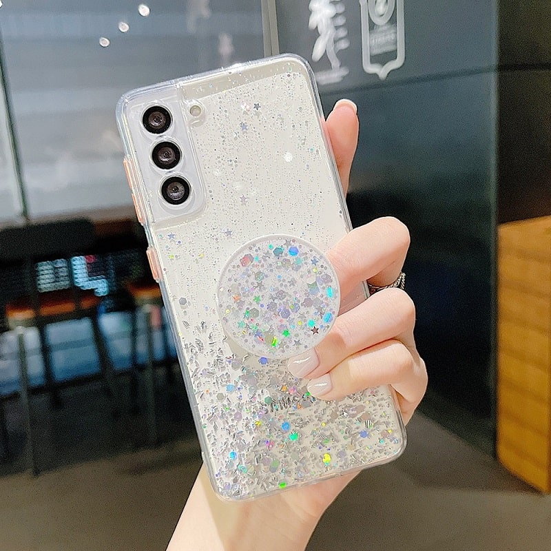 Glitter Samsung Case With Pop Up Holder- white