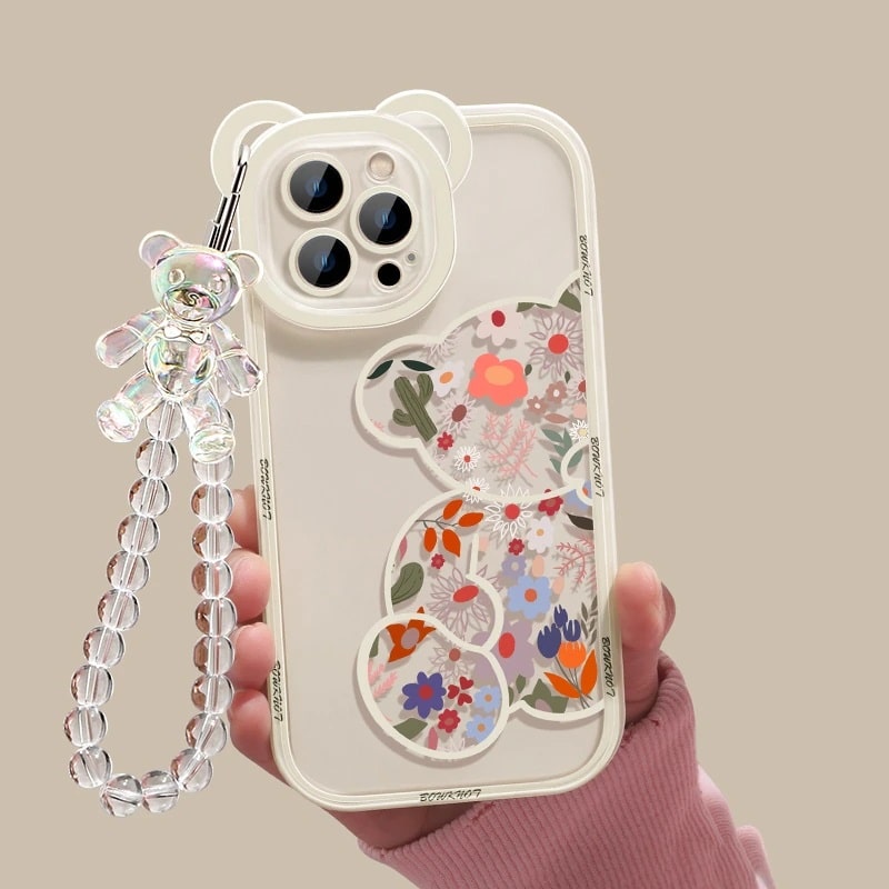 3D Bear Phone Case With Keychain and Beaded Strap