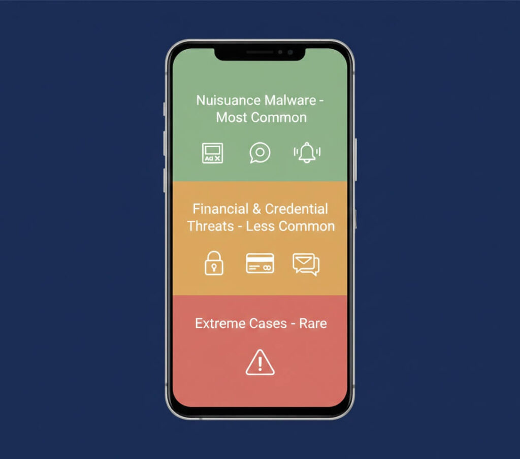 Diagram explaining the hierarchy of Android malware threats from common to rare Diagram explaining the hierarchy of Android malware threats from common to rare