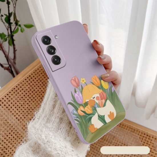 Purple phone case with duck in garden