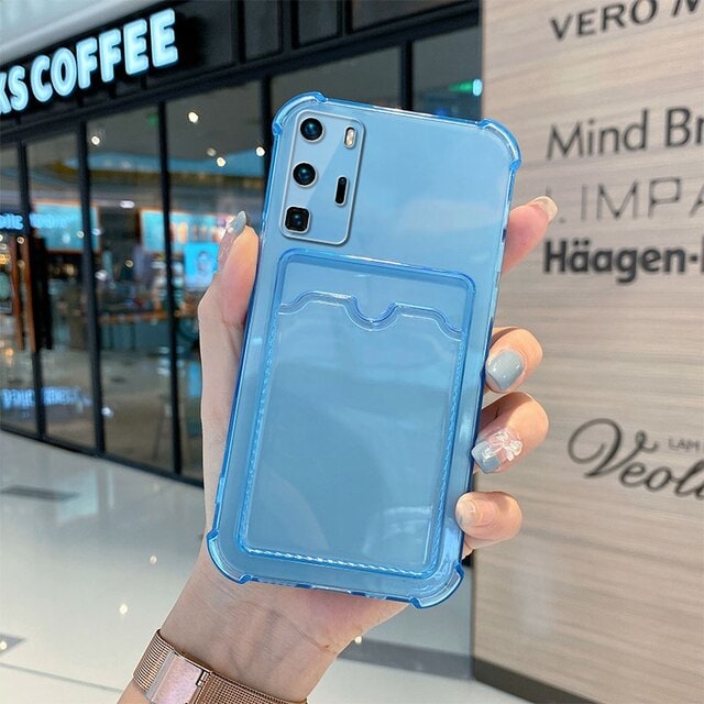 Blue Huawei P40 Pro Clear Silicone Cardholder Case