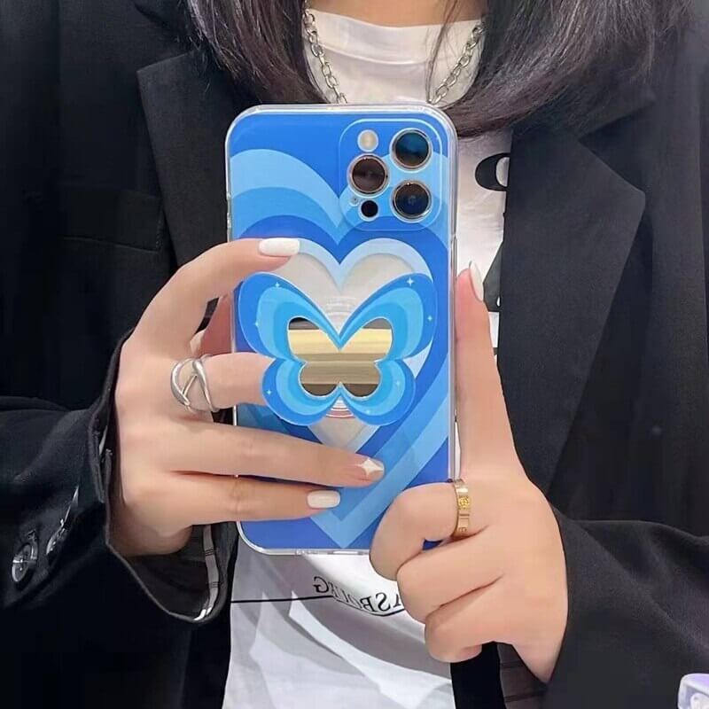 Butterfly Heart Mirror Phone Case Blue Color
