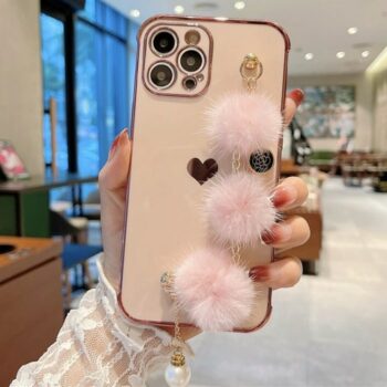 Plating Love Phone Case with Fur Ball Chain Bracelet