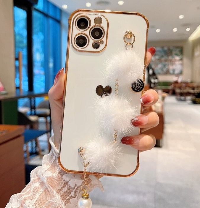 Plating Love iPhone Case with Fur Ball Chain Bracelet