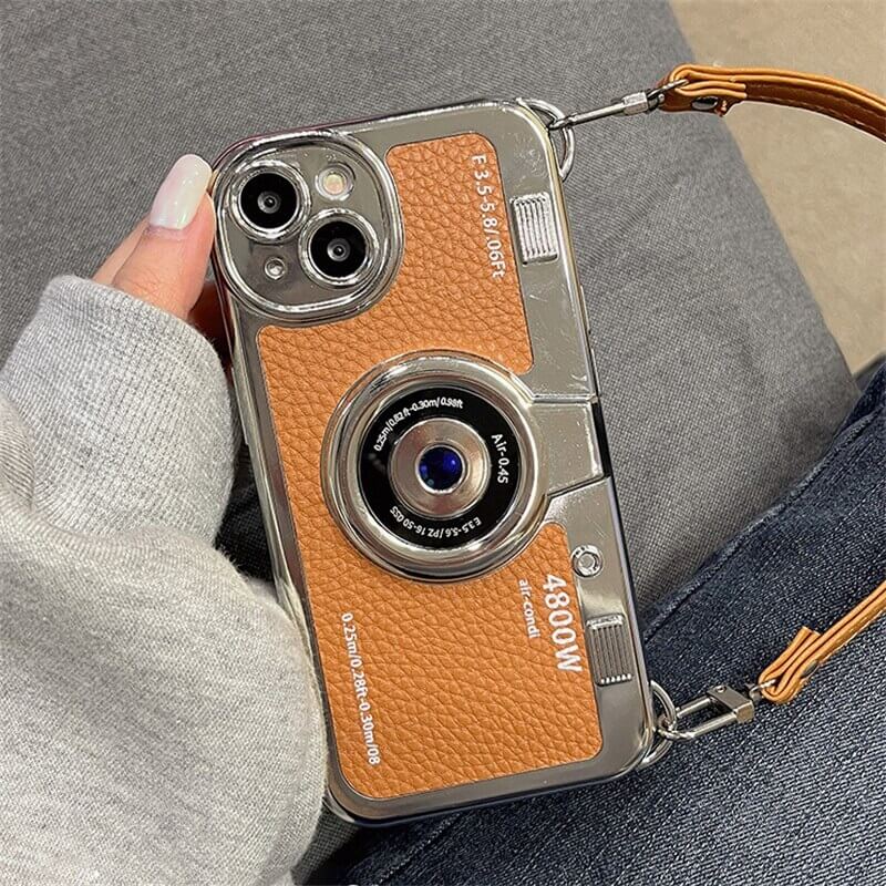 3D Retro Camera iPhone Case With Hand Strap - Orange